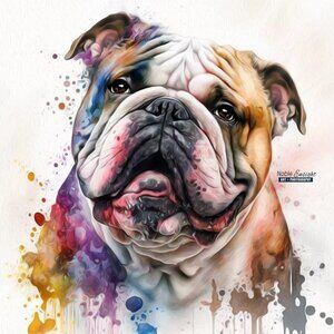English Bulldog Dog Portrait Best Friend Watercolor Oil Painting Art‎ Print
